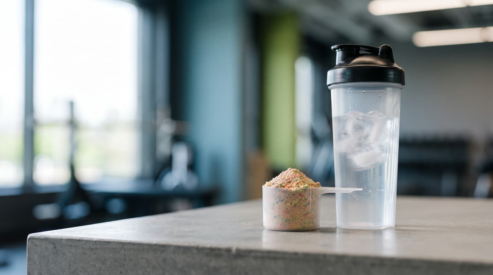 Annos värikästä BCAA-jauhetta ja shaker kuntosalin tasolla.