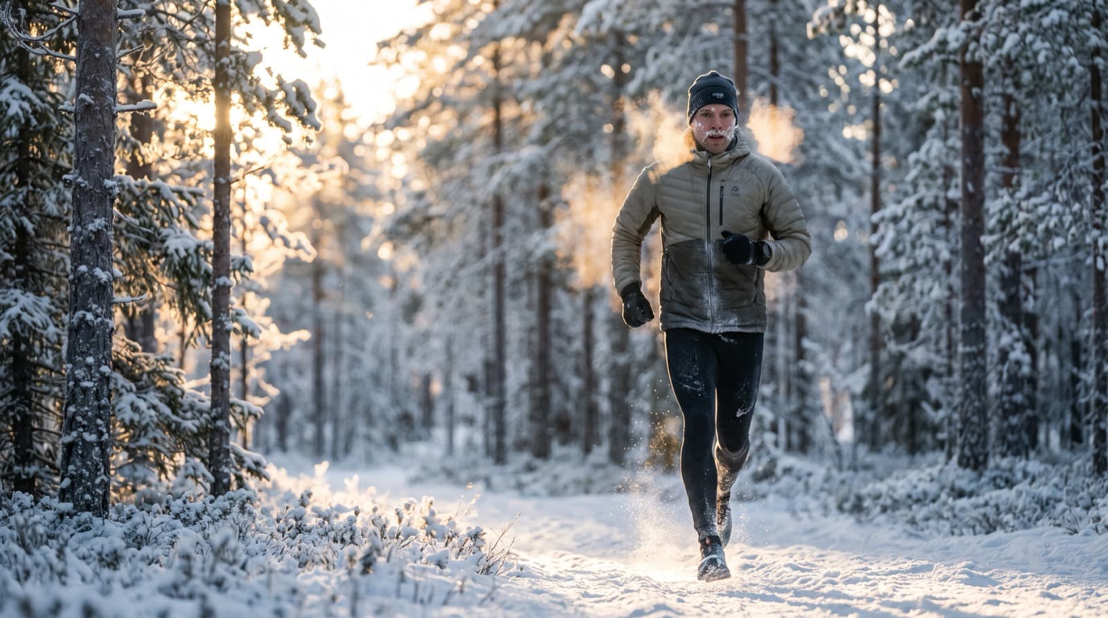 Juoksija treenaa ulkona aurinkoisena talvipäivänä.