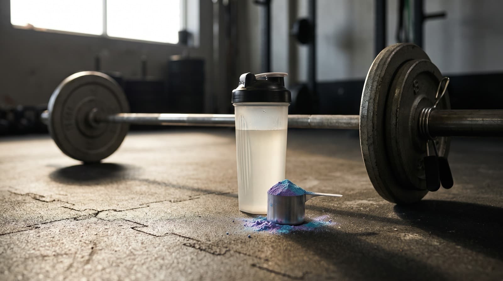 Shaker ja annos pre-workout-jauhetta kuntosalin lattialla tangon vieressä.