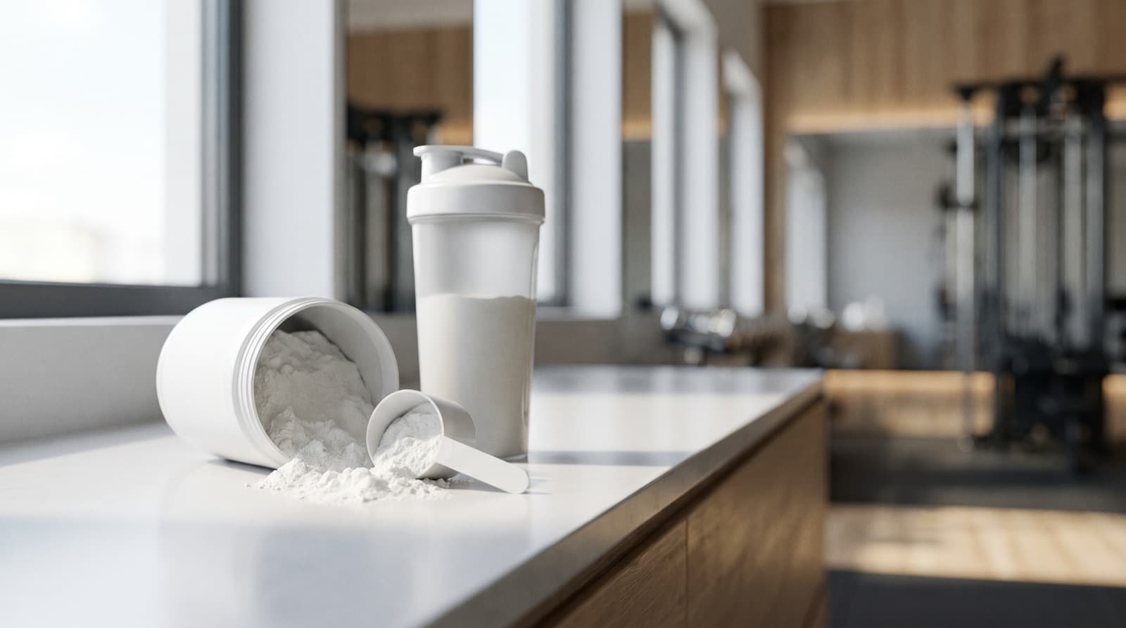 Annos glutamiinijauhetta ja shaker kuntosalin tasolla.