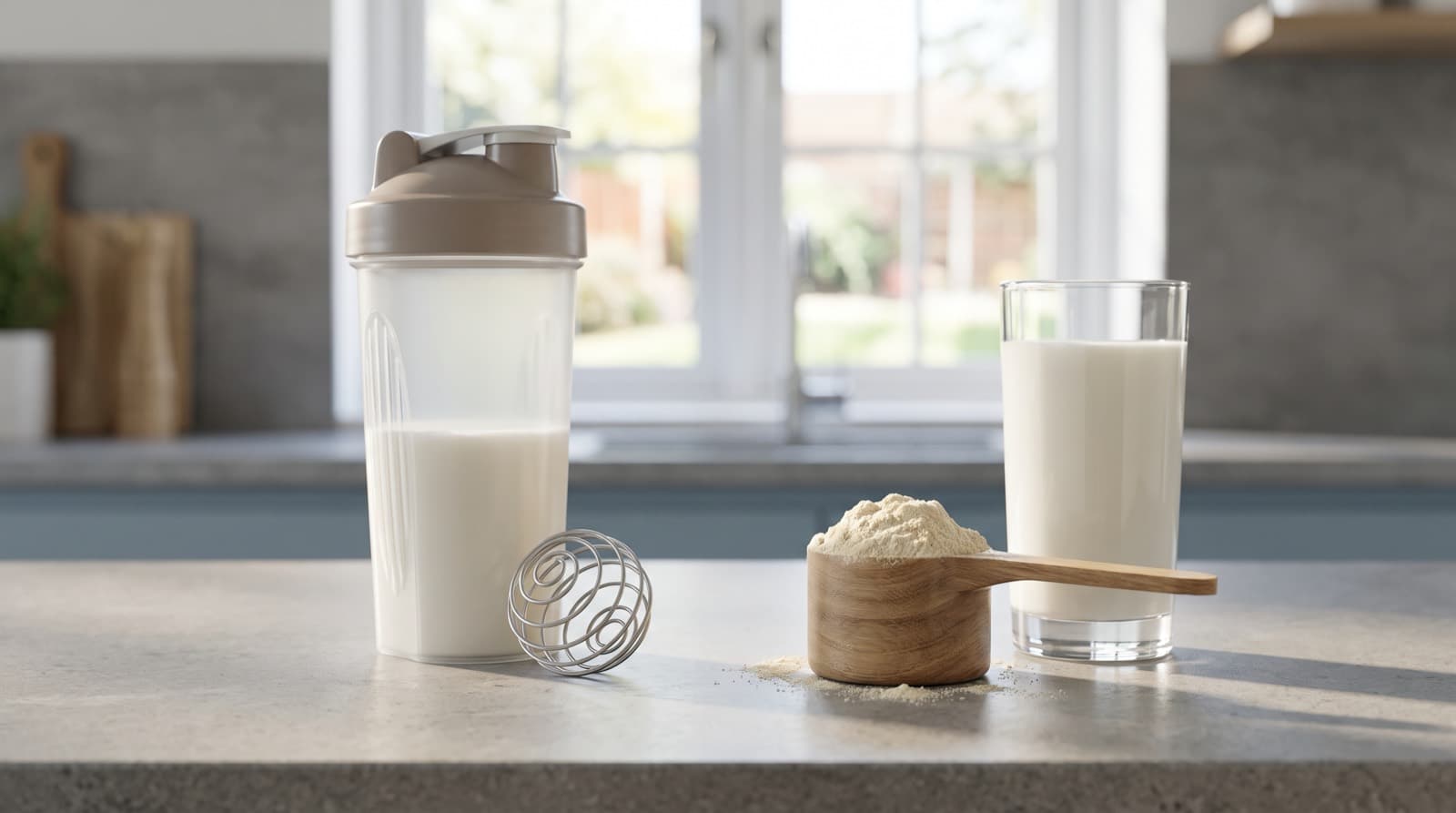 Proteiinishaker, heraproteiinijauhetta mitassa ja lasi maitoa keittiön tasolla.