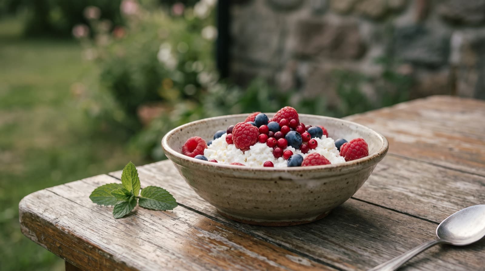 Kulhollinen raejuustoa ja marjoja – luontainen kaseiinin lähde.