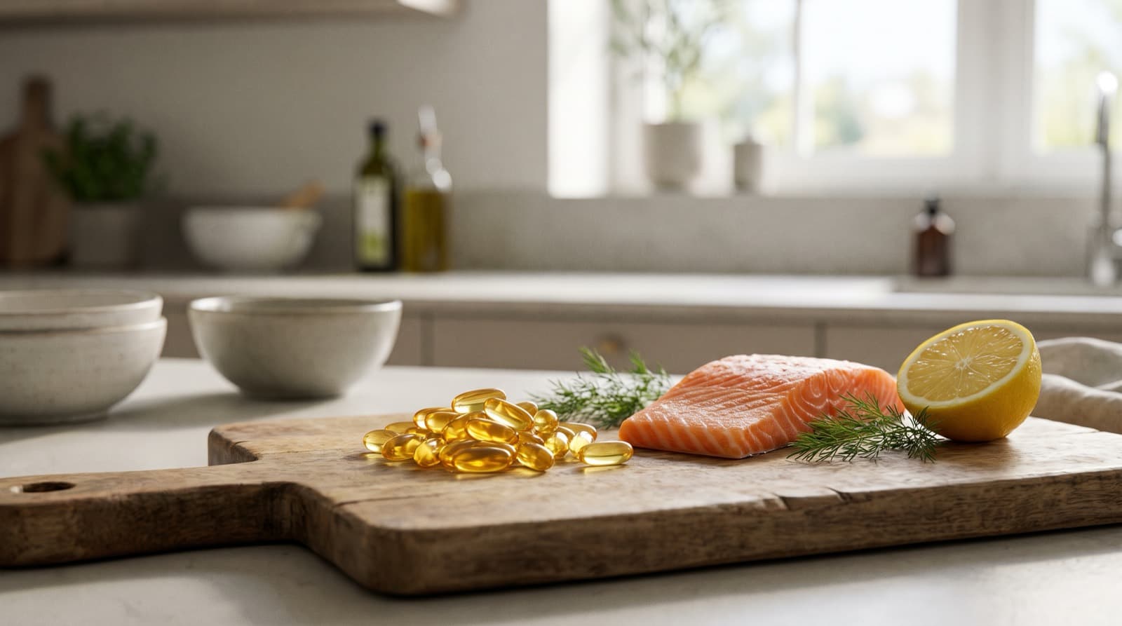 Omega-3-kapseleita, tuore lohifile ja sitruuna leikkuulaudalla.