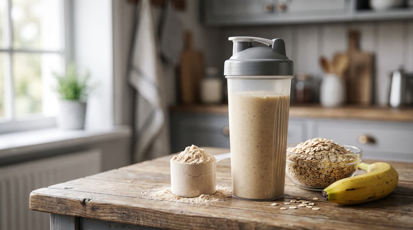 Tuhti proteiinishake, annos massanlisääjäjauhetta, kauraa ja banaani keittiön tasolla.