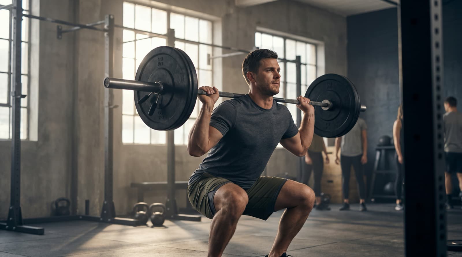 Harjoittelija tekee raskasta takakyykkyä – StrongLifts 5×5 -ohjelman pääliikettä.